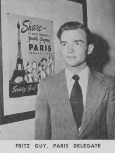 Fritz Guy, fotografiado en el periódico College Criterion del 27 de junio de 1951, viajó como estudiante de teología y representante oficial de La Sierra al Congreso de Jóvenes de París, durante el cual también apareció en la transmisión televisiva Faith for Today. 