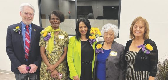 The Woman of the Year awards were presented to (from right to left) Norma Nashed, Maria Silvia Neri Castrejón, Drene Somasundram, and Olive Hemmings for their exceptional contributions to theology, church leadership, and humanitarian work. Loren Seibold (left) received a Champion of Justice award.