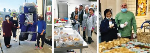 LEFT: Volunteers deliver blankets as gifts to Ascencia’s homeless clients in the new year. MIDDLE: Before COVID, volunteers cooked in Ascencia’s kitchen and served clients directly. A family from CFC is pictured serving in ministry together. RIGHT: Carissa and Constantino Totalca help prepare sandwiches at CFC for the weekly sandwich feeding ministry.