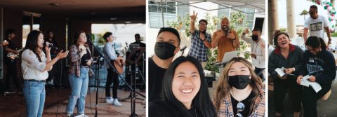 LEFT: The worship team leads song service during an outdoor program. MIDDLE: The New Life team collaborates with the Long Beach church to host a Sabbath morning worship service together. RIGHT: Attendees worship together and enjoy fellowship at a New Life beach vespers.