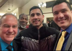 Sam Smith (right), pastor of Watsonville church, introduced Jose Ambriz (front center) and his conversion story to CCC President Dan Serns (front left).