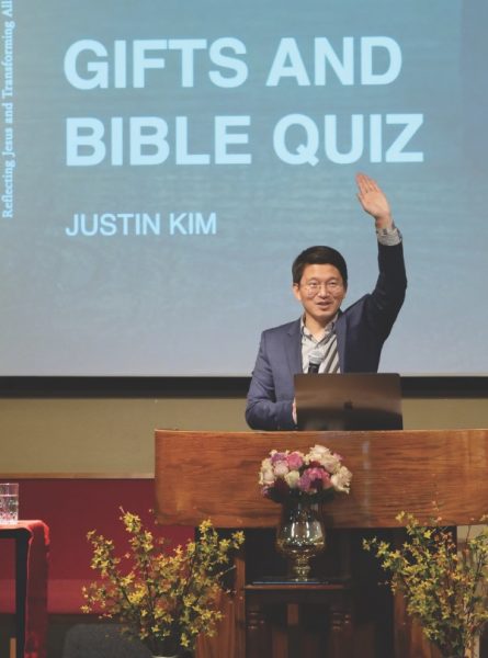 Pastor Justin Kim welcomes attendees to the Amazing Truth Bible seminar held from April 14 to 30 at the Fresno All Nations church with Dolores Jones as lay preacher.