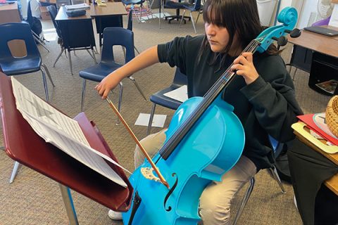 Weekly music class introduces students to the intricacies of playing string instruments.